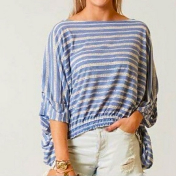 Free People Azalea blue striped linen blend elastic waist blouse Size Small - Picture 1 of 9